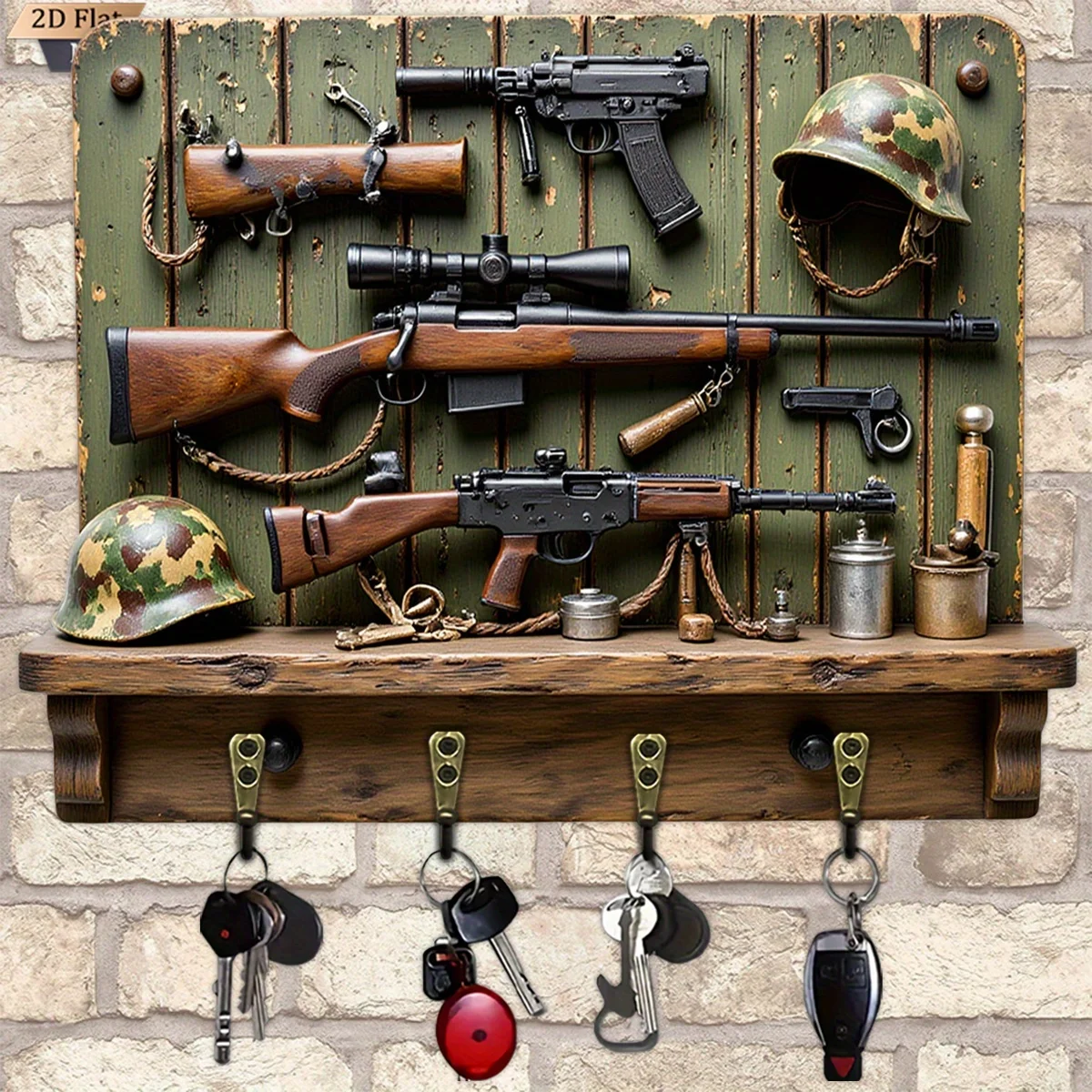 2D Flat, 1pc, Vintage Military Model Key Hook Wooden Multifunctional Home Key Holder with Four Metal Hooks, Wall Decoration,