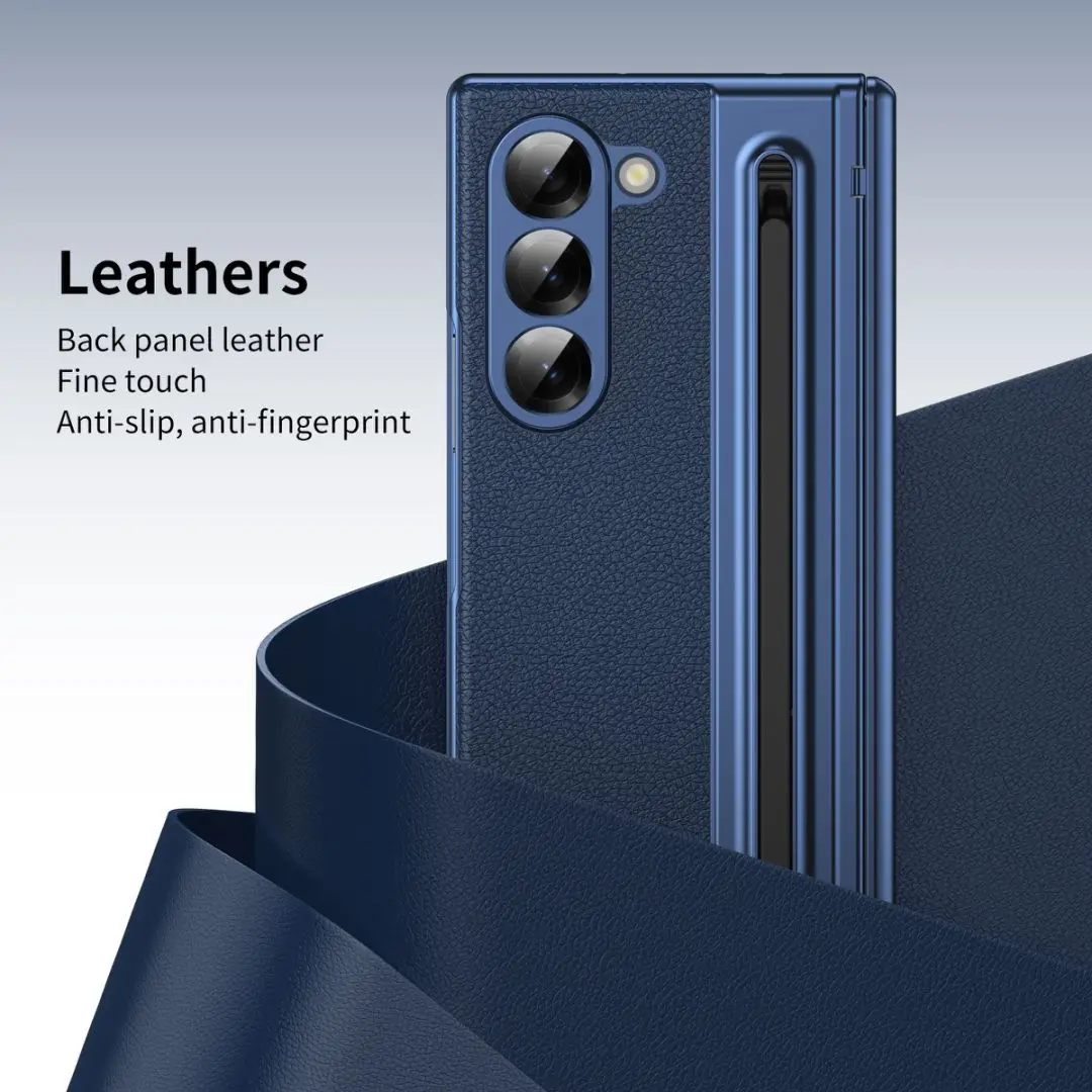 S Pen Phone Case for Galaxy Z Fold6 Fold7 Hinge Protection & Built-in Screen Protector Leather Phone Cover for Fold4 Fold5 Blue