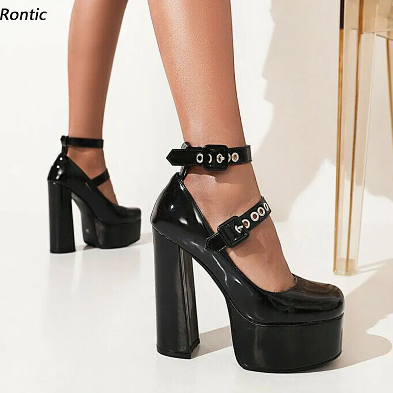 Rontic Real Photos Women Spring Pumps Platform Patent Block Heels Round Toe Elegant Black Party Shoes Ladies US Size 5-15