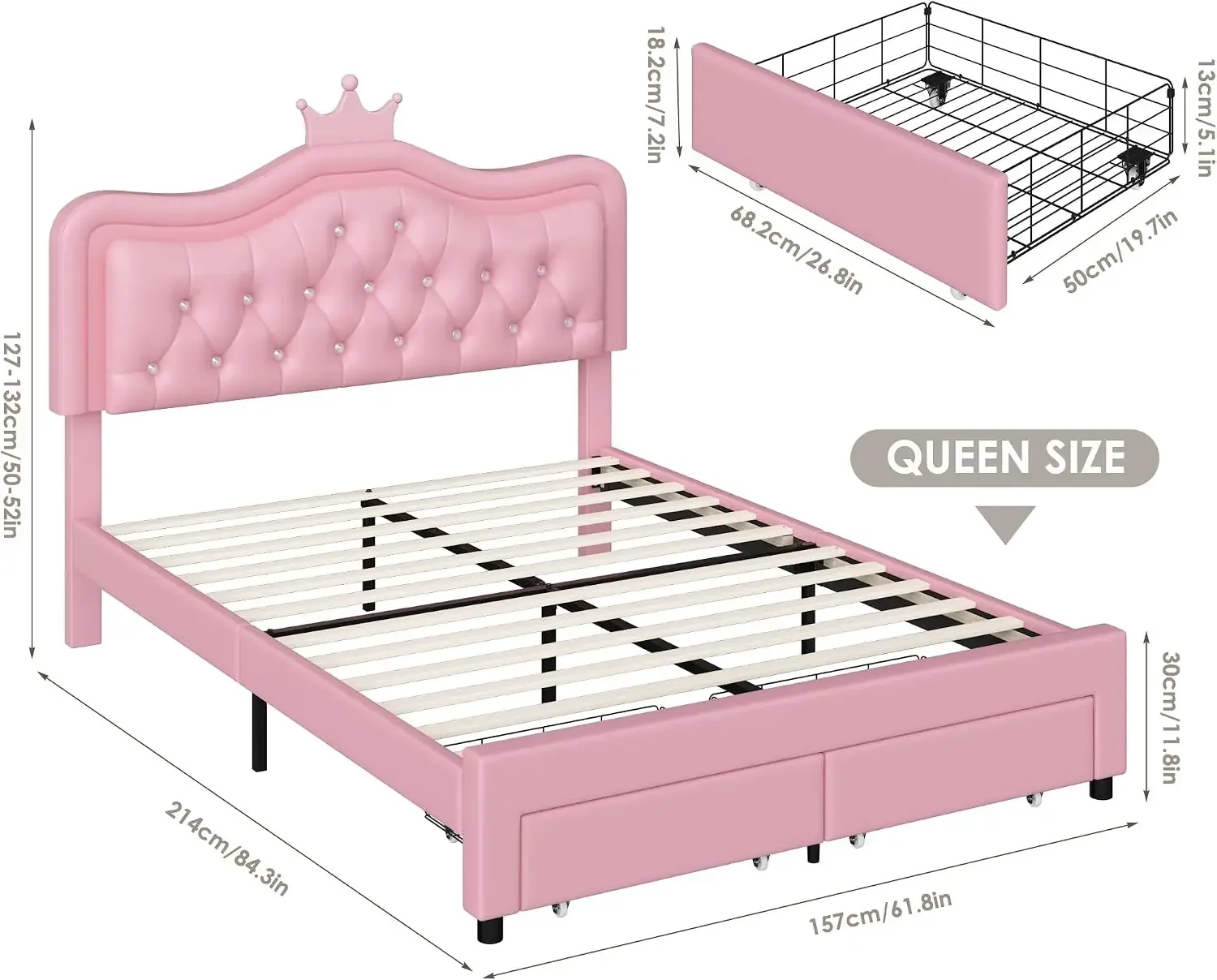 USA Stock Queen Upholstered LED Bed Frame With Storage Drawer, Leather Princess Platform Bed, Adjustable Crystal Button Tufted C