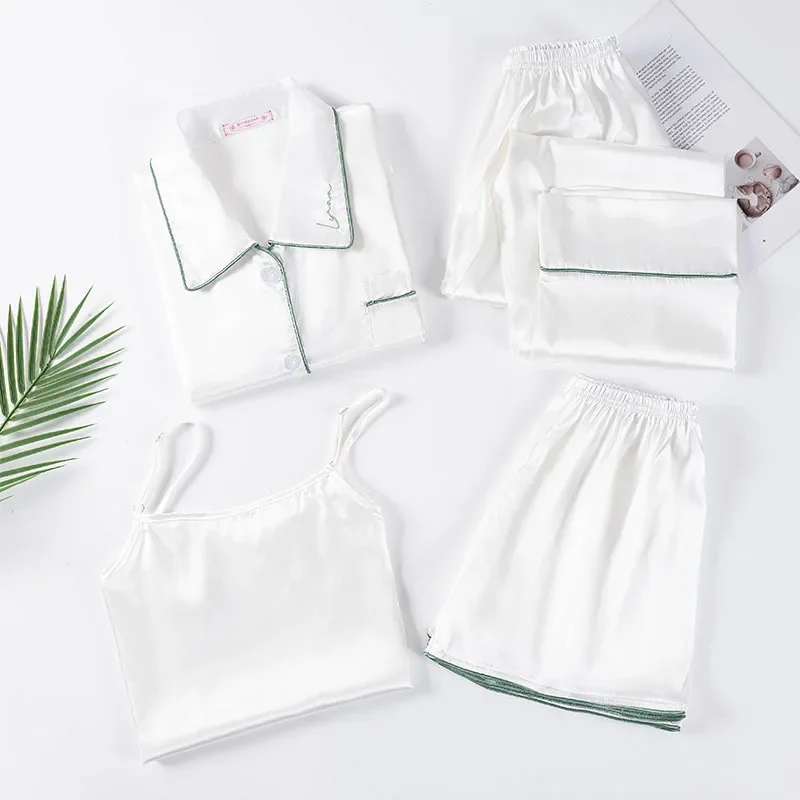 4 Pieces Pajamas Set for Women Sexy Lingerie Satin Sleepwear Silk Shorts Set Spring Summer Lapel Shirts Long Pants Pajamas Robe