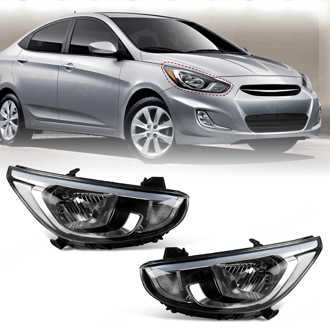 

For Hyundai Accent 2011 2012 2013 2014 2015 US Version Left/Right Headlight Assembly Front Clear Lens Daytime Running Light