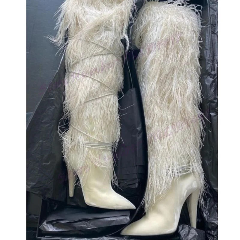 White Fluffy Decor Spike Heels Boots Knee High Pointed Toe Shoes for Women High Heels Sexy Party Shoes 2024 Zapatos Para Mujere