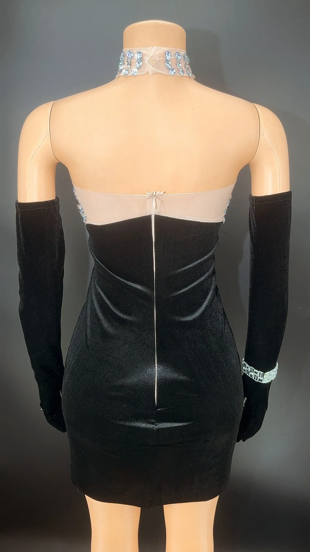 เซ็กซี่กํามะหยี่แน่นBacklessถุงมือRhinestone SparkleชุดกระโปรงRobe Femme Chic Et Élégante Vestidos De Festa Glamorousชุด