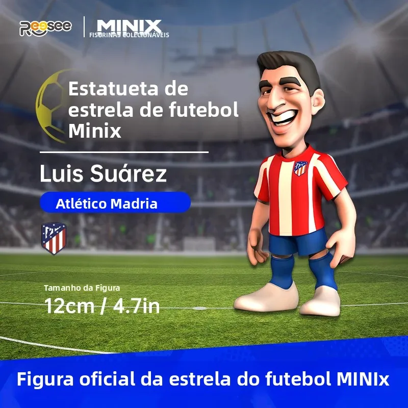 Figurinha MINIX Luis Suarez 12cm, Camisa do Atlético de Madrid, Boneco Colecionável de Jogador de Futebol, Brinquedo Oficial de Estrela do Futebol para Fãs