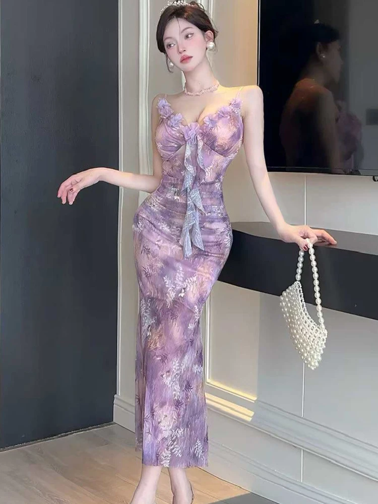 2025 neue Rosa Floral Mesh Rüschen Sexy Sling Langes Kleid Frauen Boho Elegante Casual Kleid Sommer Koreanische Mode Bodycon Prom Kleid