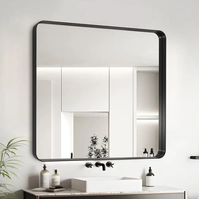 

36x36 Inch Black Aluminum Frame Bath Mirror - Modern Square Design for Home or Hotel Decor, Durable and Stylish, Easy to Hang,