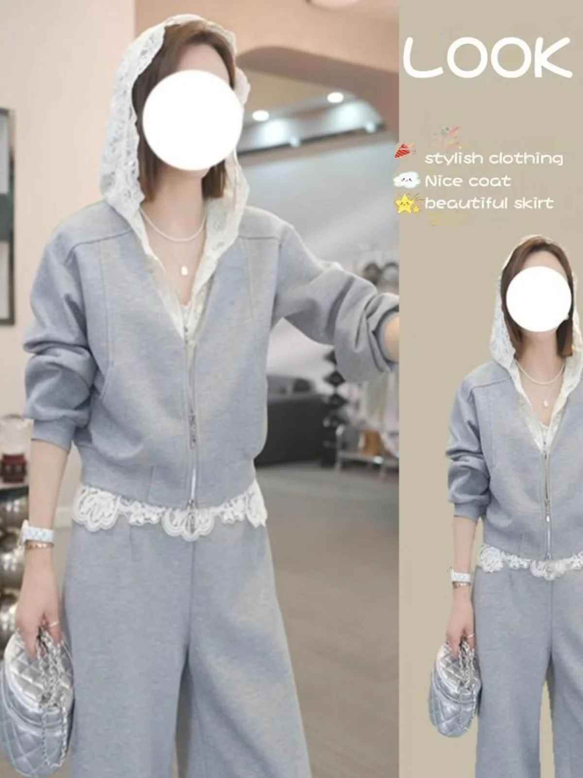 

Lace Splice Hoodie Wide Leg Pants Two Piece Set Spring New Sle Casual Sports Suit for Women Long Sve Zipper Closure