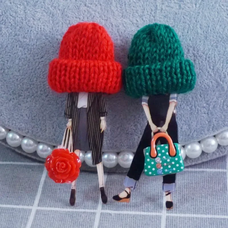 New Cute Wool Hat Brooch For Woman Lady Acrylic Badge Pins Cute Fashion Clothing Accessories Girl Gifts