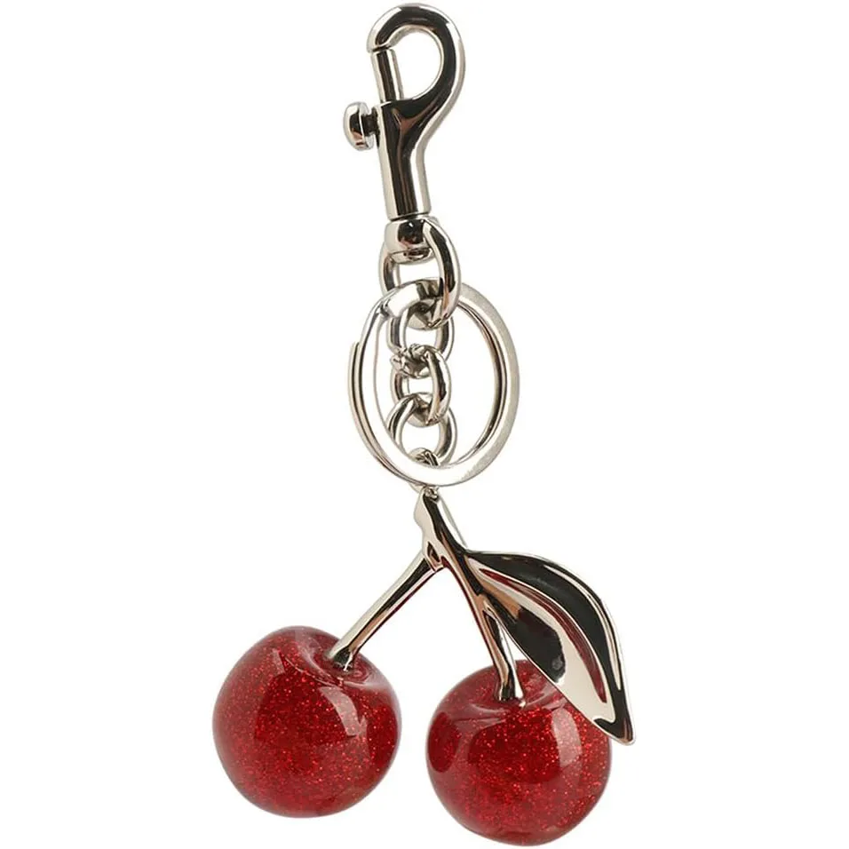 Silver Cherry Fruit Bag Charm Keychain Red Cherry Keyring for Elegant Women Backpack Purse Pendant Jewelry Gift