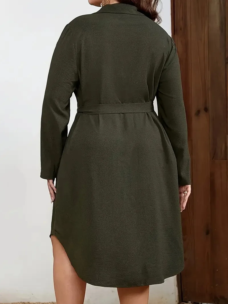 GIBSIE Plus Größe 2024 Herbst Neue Lose Gürtel Hemd Kleid Frauen Casual Lange ärmeln Revers Taste Unten Damen Solide midi Kleider