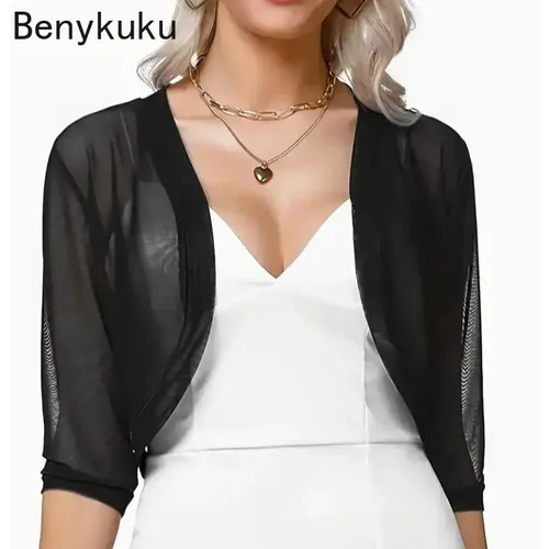 Imagen 1 del producto Vintage 3/4 manga malla encogimiento de hombros Bolero Cardigan ajustado recortado Tops gasa señoras chaqueta negra abrigo de primavera ropa Casual de mujer