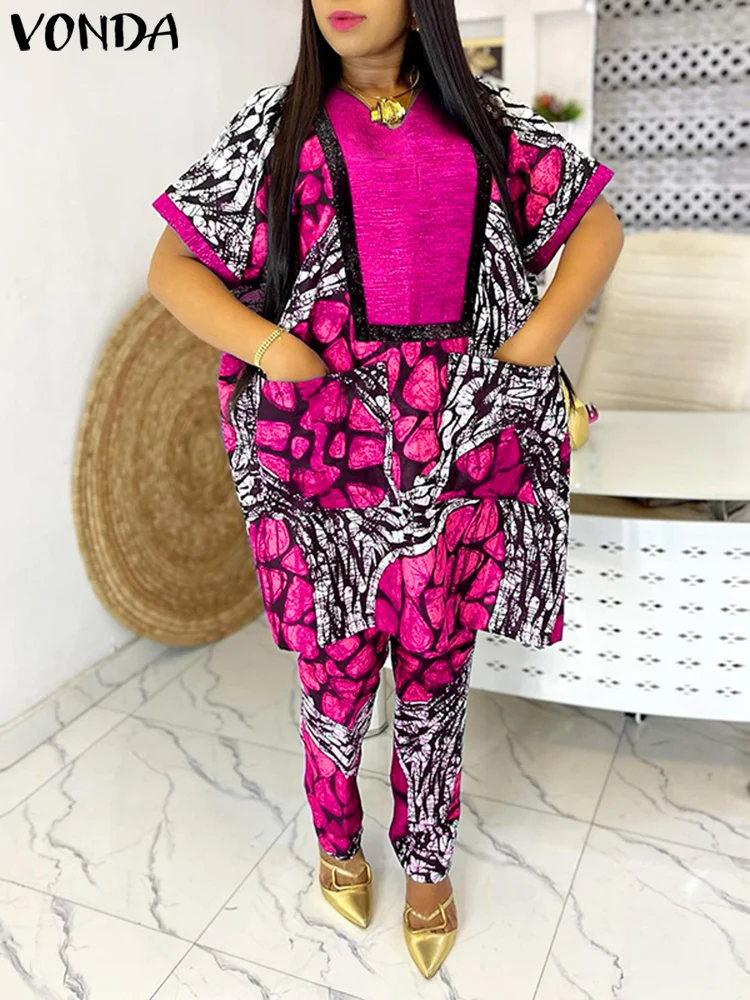 

VONDA Women Pant Sets 2025 Summer 2pcs Bohemian Short Sleeve Tops Long Pants Vintage Printed Casual Pockets Loose Suits Oversize