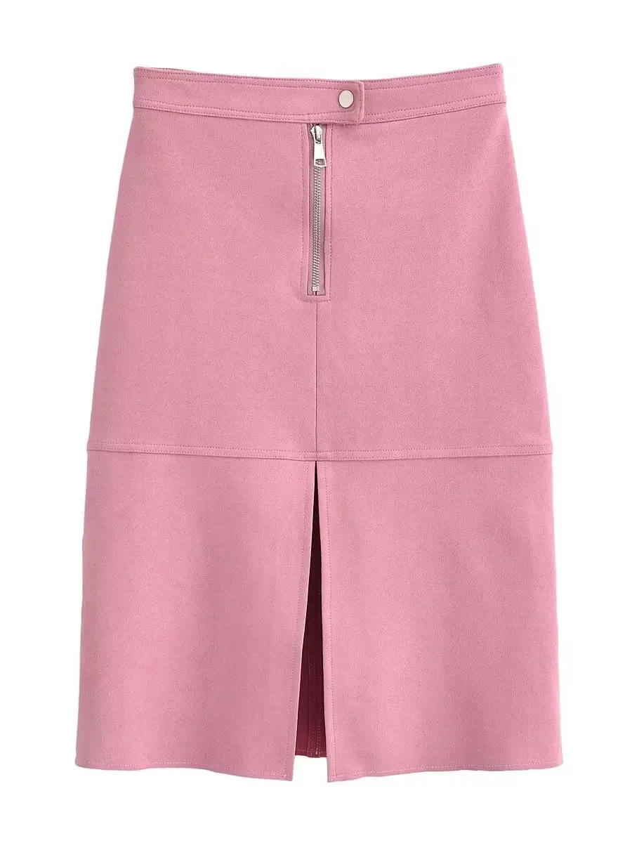 Women's Vintage Hong Kong Style Short Jacket Faux Velvet Texture Belted  Skirt with Slit Business Style Long Sleeve Zipper