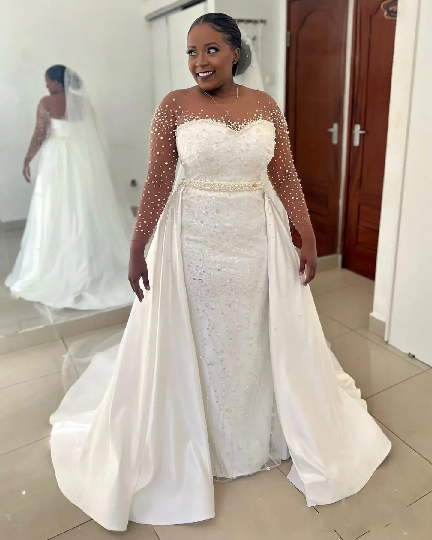 Customized Sheer Neck Sparkly Pearls Beads Mermaid  Wedding Dress Plus Size Open Back  Long Sleeves Detachable Train Bridal Gown