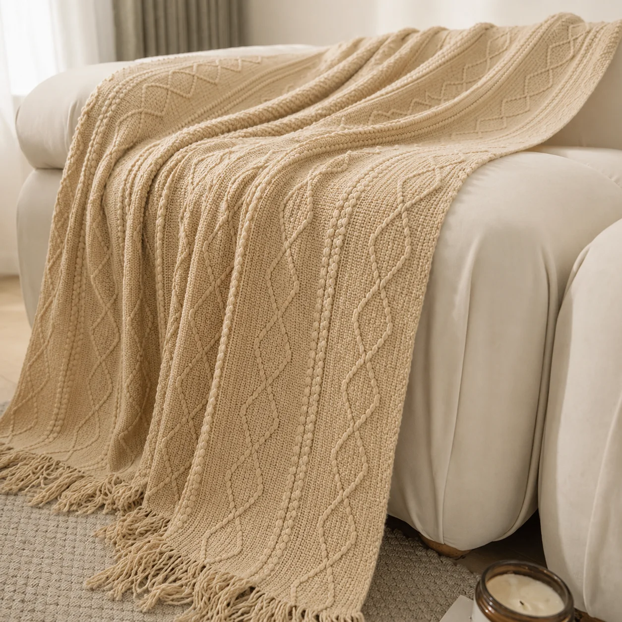 Burnt Orange Herringbone Textured Knit Throw Blanket with Tassel Fringe, Soft Knitted Decorative Blanket, Lightweight Cozy Cover for Couch Sofa Bed, Boho Farmhouse Home Decor for Living Room Bedroom