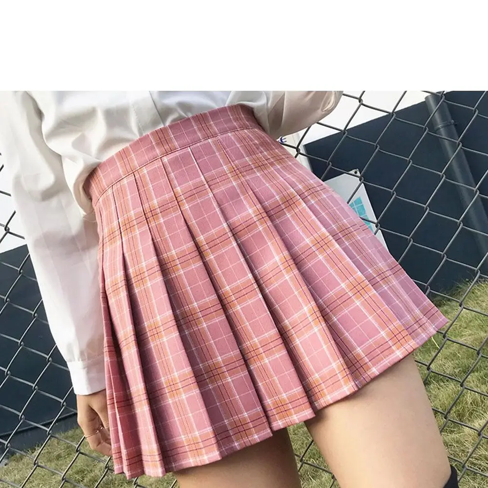 Pleated Skirt Female Student Korean Style Spring Summer Y2k New High Waist Slimming College Style A- Line Pink Plaid Skirt Women