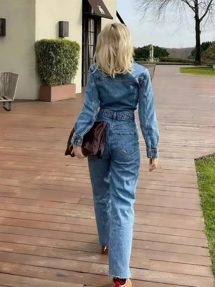 الخريف الأوروبية والأمريكية دعوى طوق جيب سليم مستقيم الساق السراويل الأزرق الدنيم بذلة المرأة الربيع و