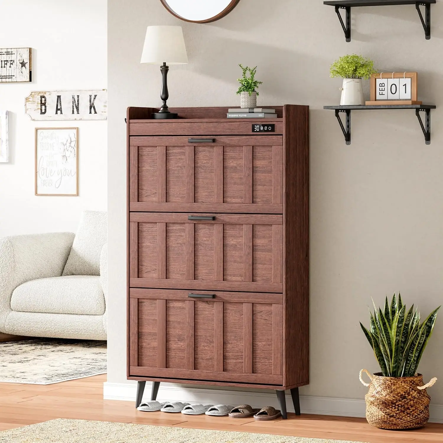 Walnut Slim Shoe Cabinet 3 Flip Drawers Deodorizer Entryway Freestanding Narrow Rack Organizer, Customized