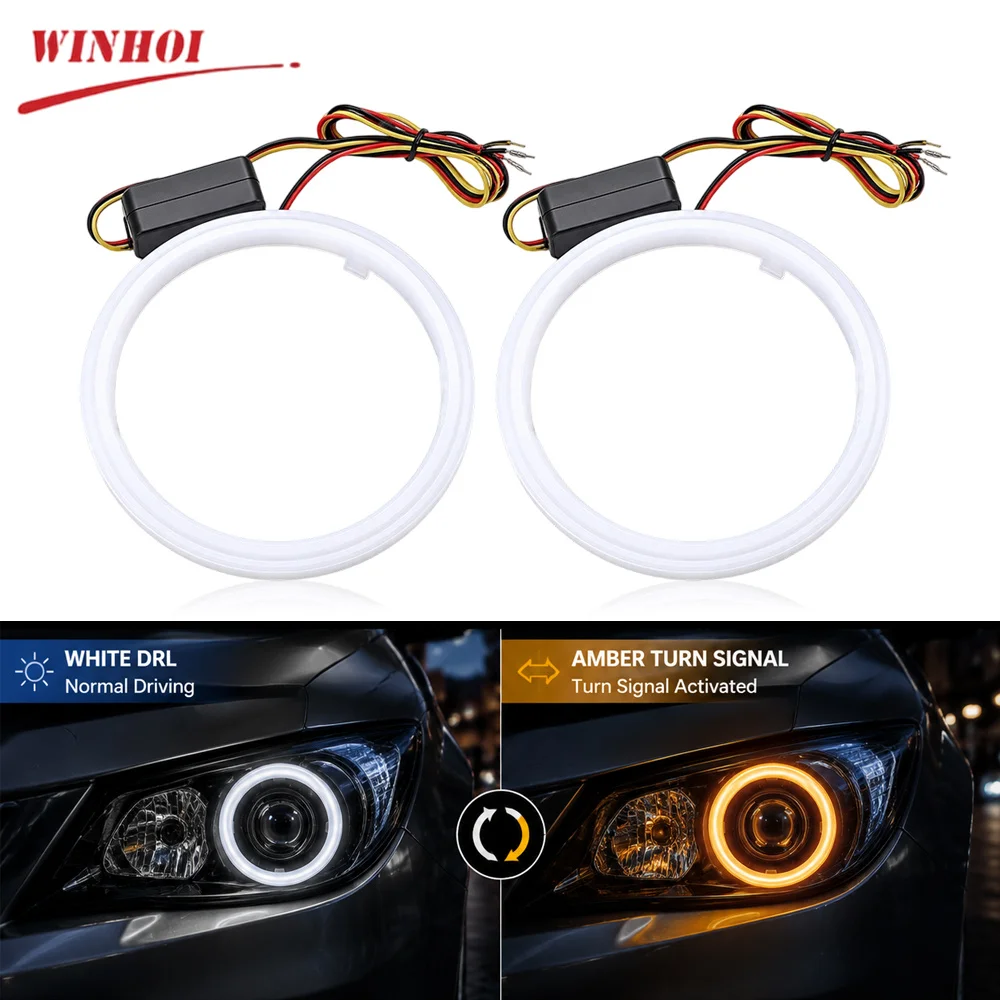 2PCS White Yellow LED Angel Eyes Cotton Light Halo Ring Car Headlight Retrofit 12V 24V DRL with Turn Signal for Auto Motorcycle