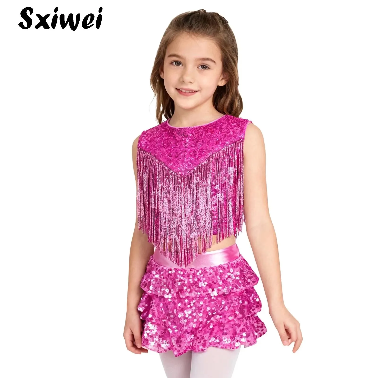 

Kids Girls 70S Disco Costume Street Jazz Dance Outfit Metallic Sequin Tassels Crop Top +Tiered Skirted Shorts Culottes Clothes