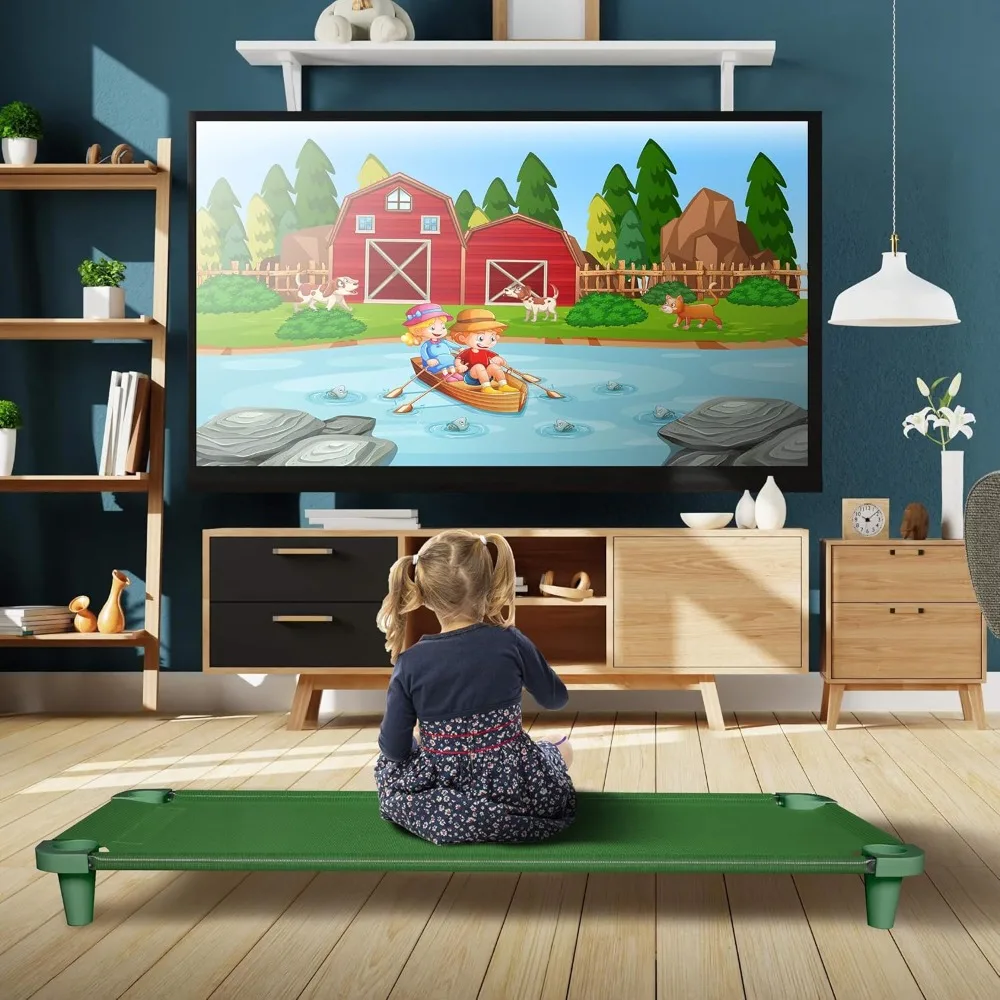 سرير قيلولة للأطفال، سرير أطفال محمول، قابل للتكديس، 52 بوصة طول (أنابيب من الفولاذ المقاوم للصدأ) (قماش شبكي أخضر قابل للتنفس - رسوم خضراء