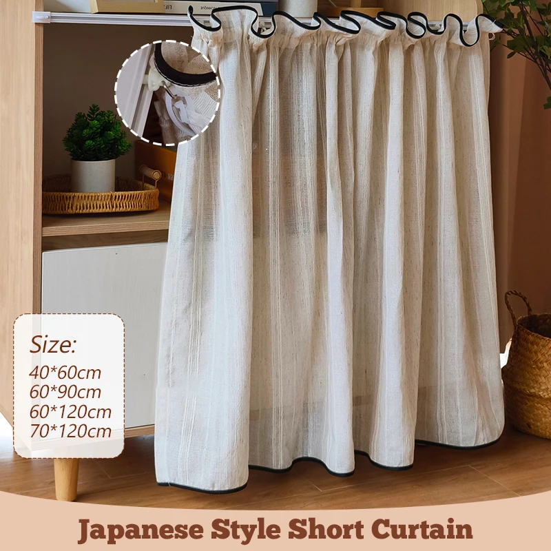 

Japanese Beige Striped Voile Curtains - Minimalist Cafe-Style Kitchen Privacy Sheer w/ Black Trim Half-Length Window Partition