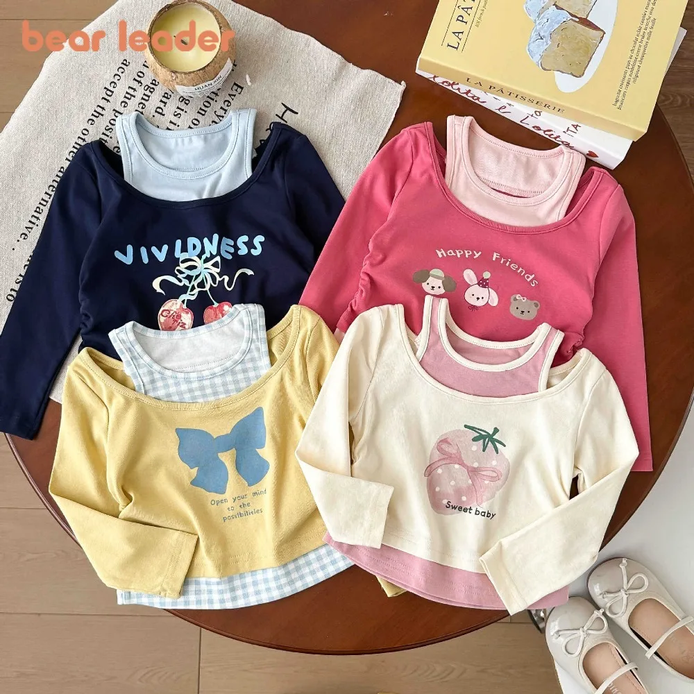 

Bear Leader Korean version Cartoon Small Animal Print Long Sleeve Shoulder Girl Top Spring Autumn New Fake Two-Piece T-Shirts