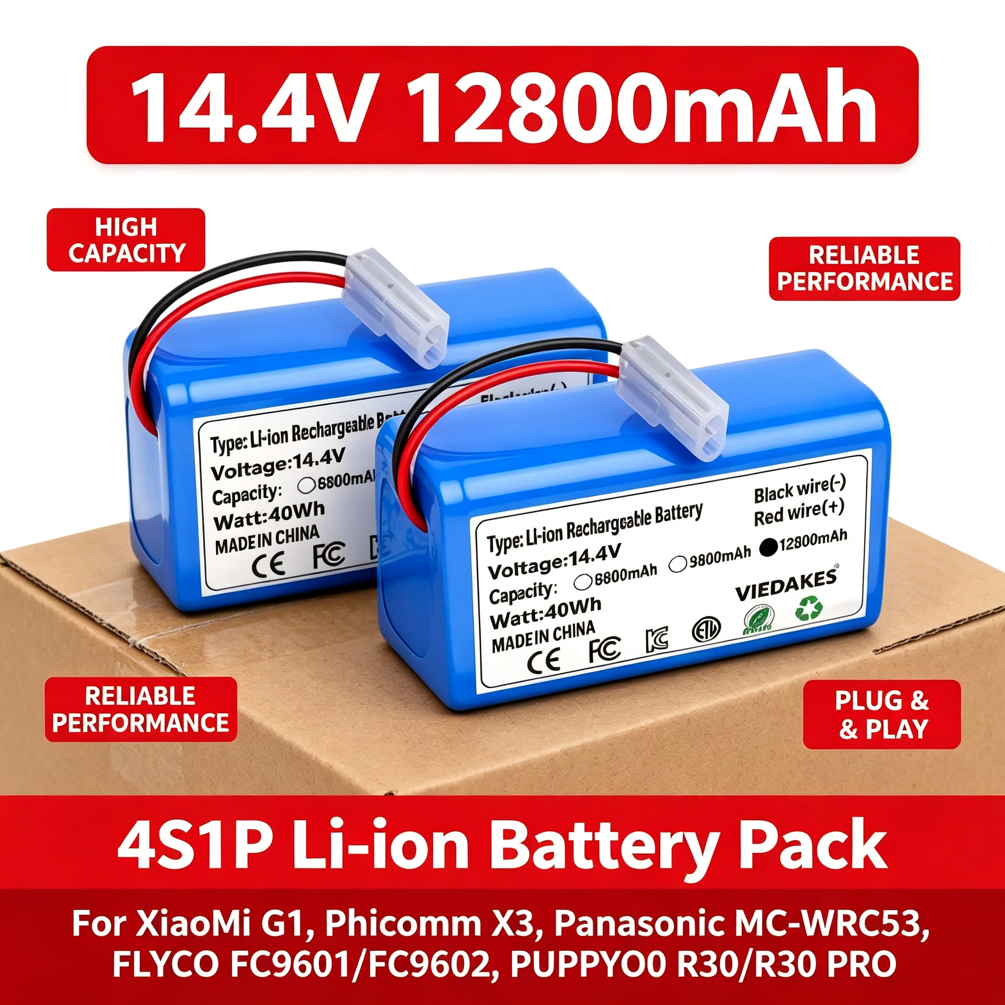 14.4V 12800mAh 4S1P Lithium Ion Battery VIEDAKES For FLYCO FC9601 FC9602 Panasonic MC‑WRC53 Vacuum Cleaner Spare Battery