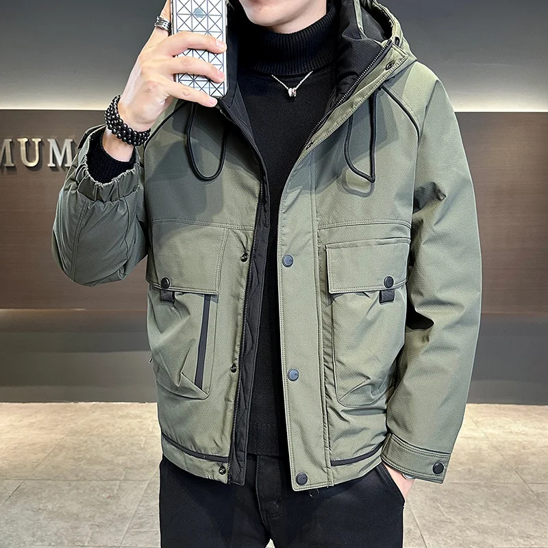 Men's Windproof Warm Down Jacket Stand Up Collar Hooded Trendy White Duck Down Casual Jacket Fashionable Versatile Down Jacket