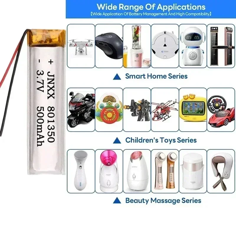 New 801350 3.7V Rechargeable Polymer Lithium Battery 500mAh Suitable for Small Fan Electric Toothbrush Bluetooth Headset GPS