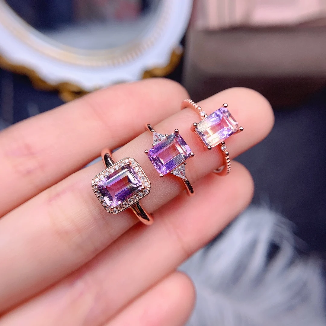 

Natural Ametrine Ring 925 Sterling Silver Ametrine Engagement Ring Emerald Cut 6x8mm Wedding Ring