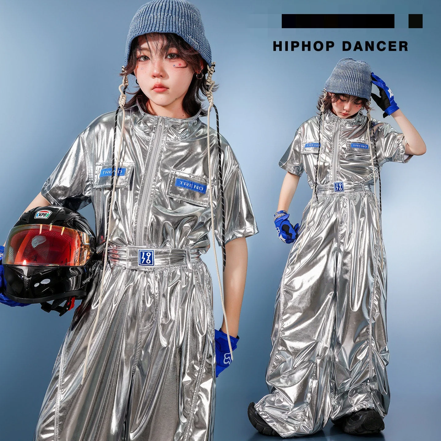 Boys Girls Metallic Shiny Jazz Hip-Hop Street Dance Costume Long Sleeve Athletic Jacket Coat with Pants Performance Dancewear