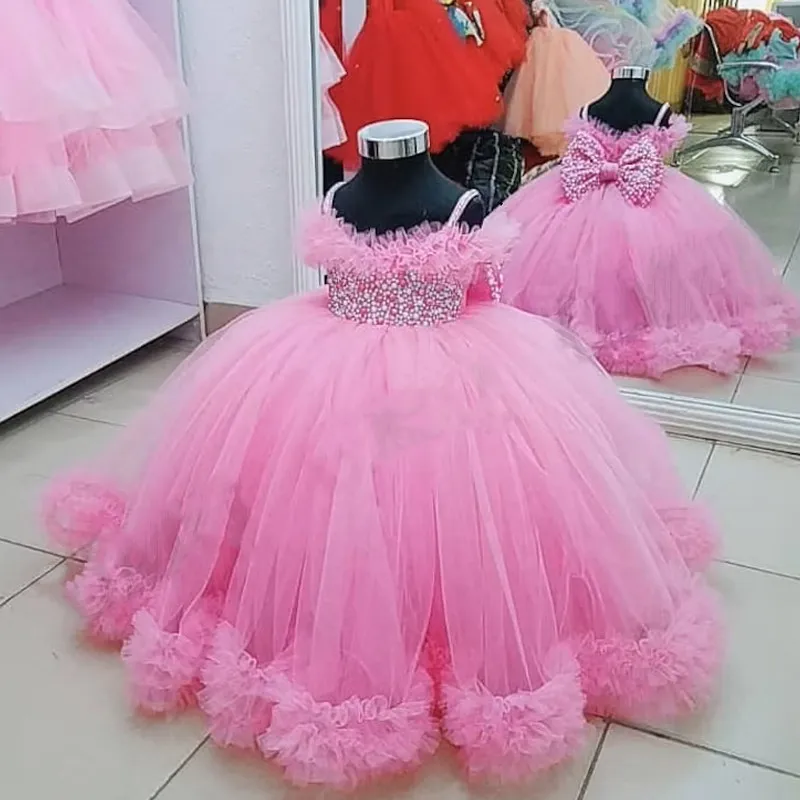 

Pink Communion Dresses Flower Girl Dresses For Wedding Tulle Puffy Straps Neck Kid Birthday Party Costumes Photography Wear