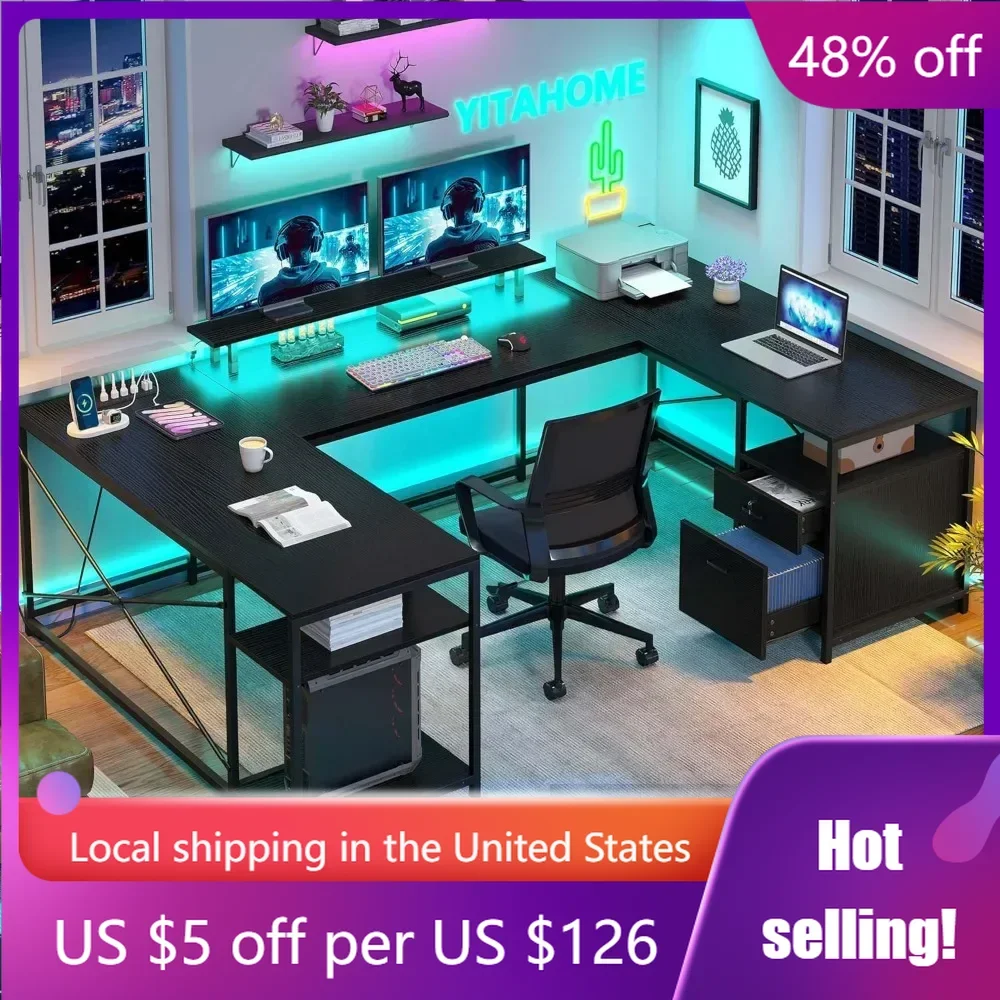 

79" U Shaped Desk with Power Outlets & LED Lights, Corner Computer Desk Office Desk with Monitor Stand & Storage Shelves, Black