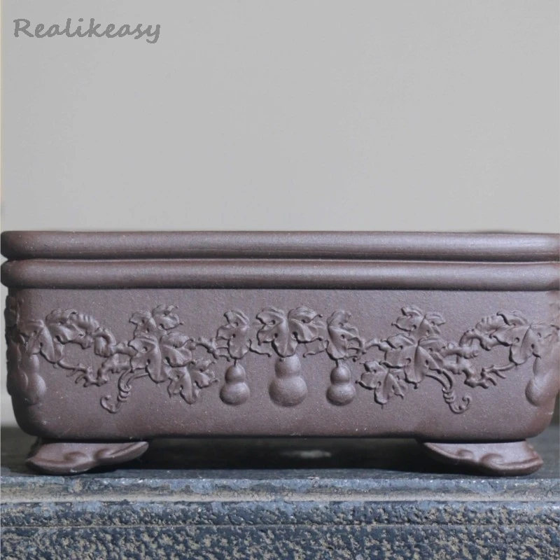 Rectangular Purple Clay Bonsai Pot Handmade Classical Carving Ancient Flower Pot Home Chinese Desktop Decoration Flower PotLF883