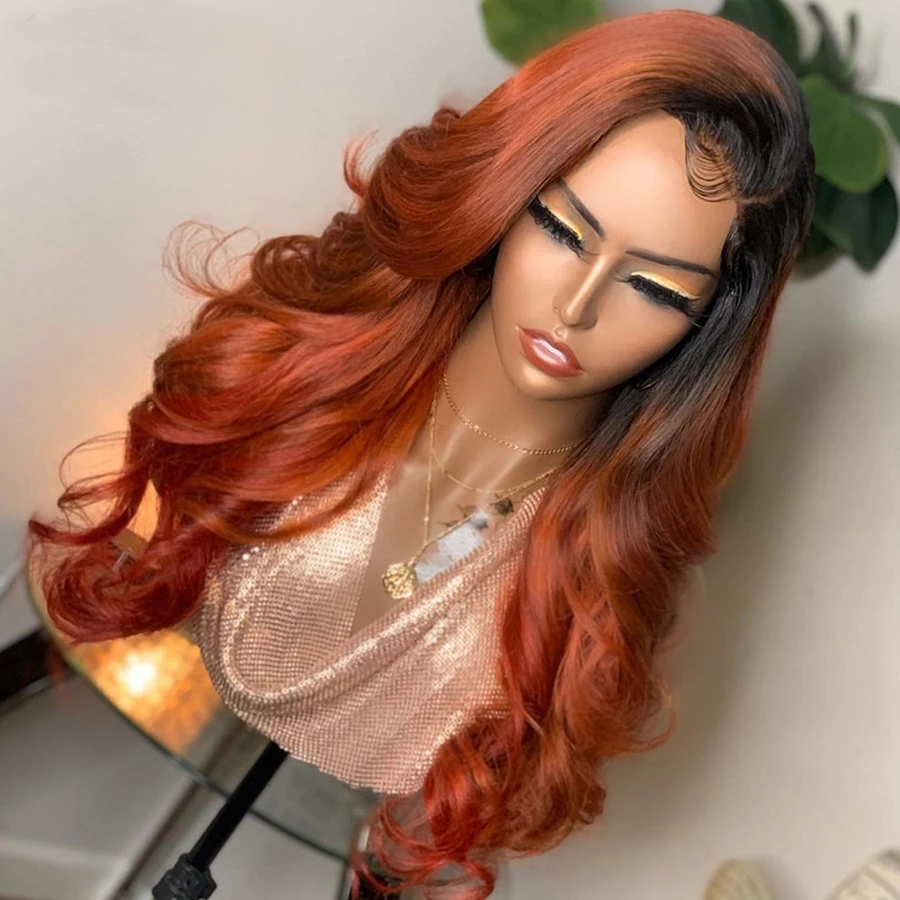 Preplucked Ombre 1B Orange Lace Front Wig Body Wave Synthetic 26inch 180% Density With Baby Hair Glueless