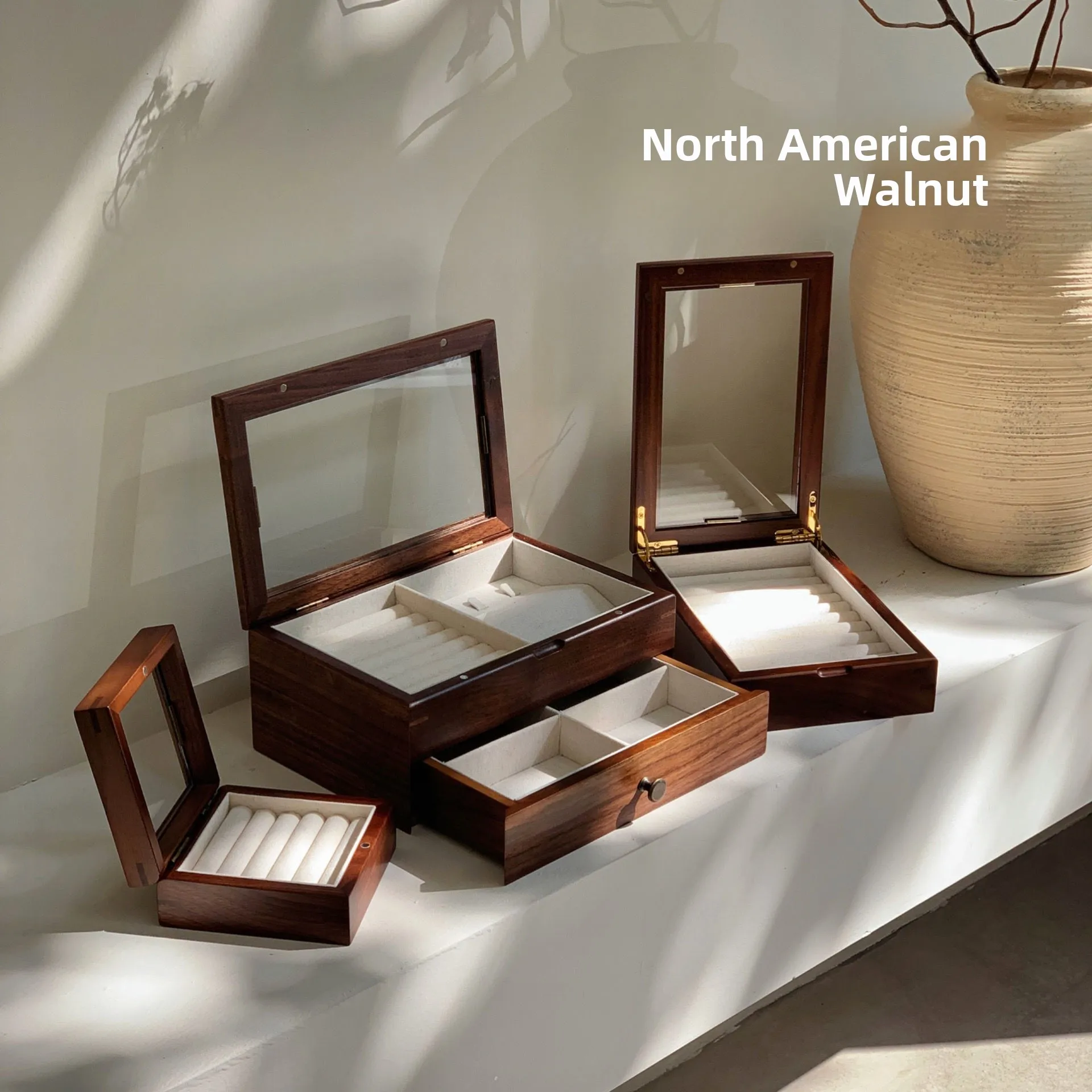 

Double Layer Wooden Jewelry Box Vintage Chinese Sle Glass Display Storage Organizer for Bracelets Watches And Other Acco...