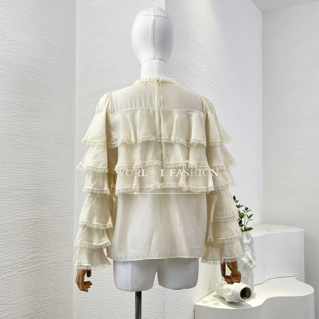 2025, hochwertige, weiße, abrikozenfarbene, langärmlige Blusen mit Blumenapplikationen und Holzohren und Spitze