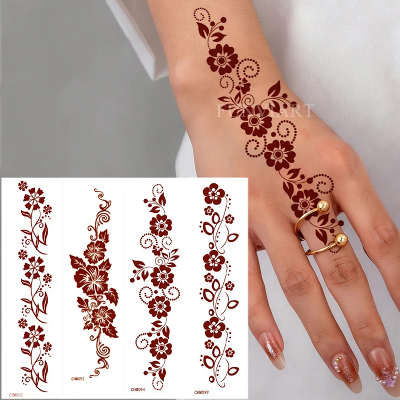 

4 шт. водостойкие коричневые татуировки хной наклейки для женщин цветочные временные татуировки поддельные татуировки для рук, ног, фестиваля, одежды для тела