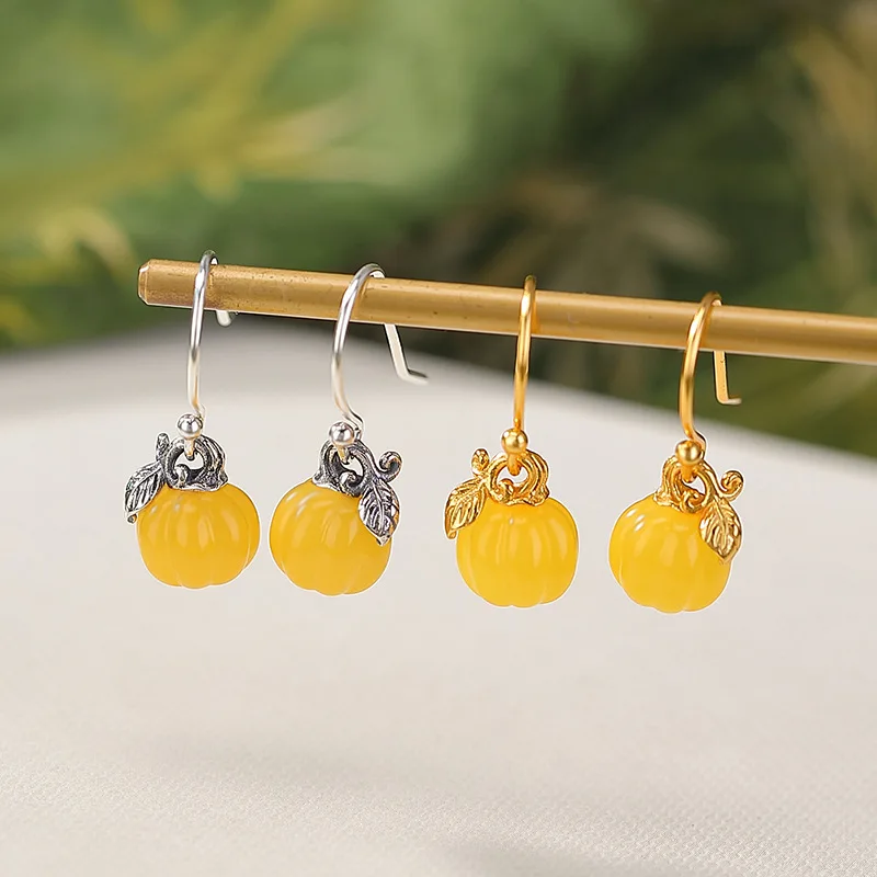 

Amber S925 Sterling Gold-Plated Pumpkin Bead Cute 3D Design Silver Earrings Ear Hooks