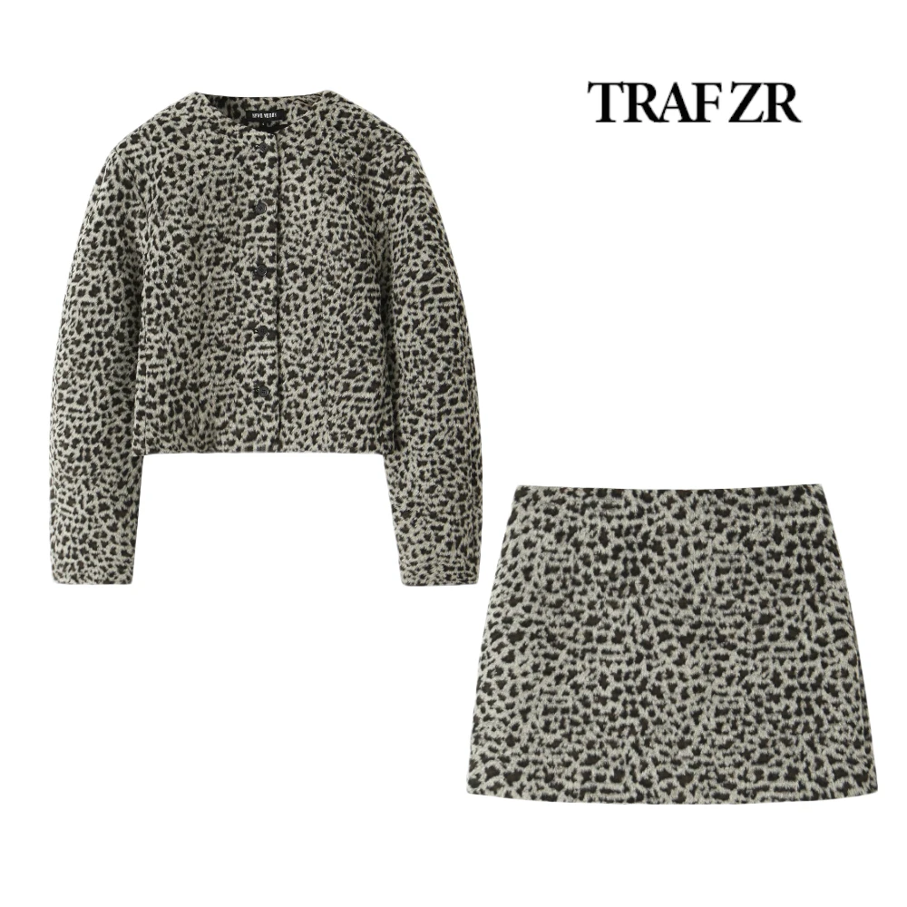 TRAF ZR 2024 Autumn Two-piece Dress Sets for Women Ensemble 2piece Femme Animal Print Skirt Sets Faux Fur Fabric Jackets