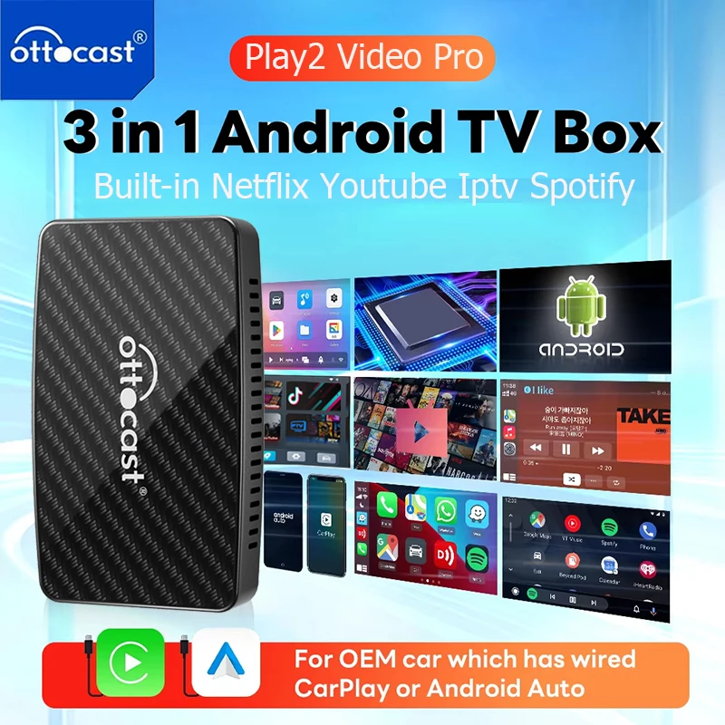 OTTOCAST Android Tv Box Wireless CarPlay Adapter Android Auto Built-in Youtube Netflix Tiktok IPTV Ai Box per 99% Auto nessun ritardo