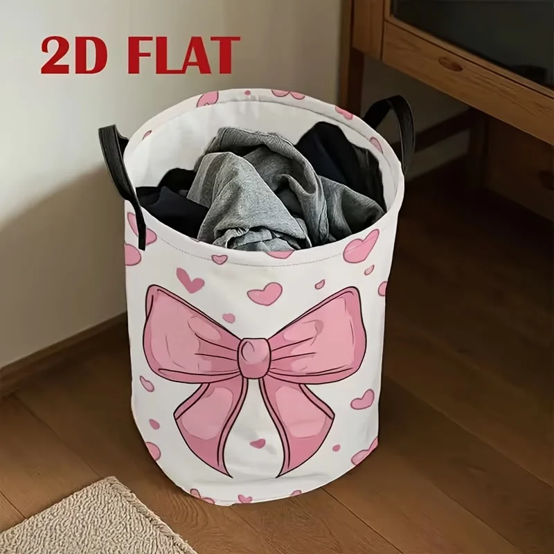 Washing Basket, with Pink Bow And Heart Pattern Decorative Multifunctional Folding Laundry Basket Laundry Baskets
