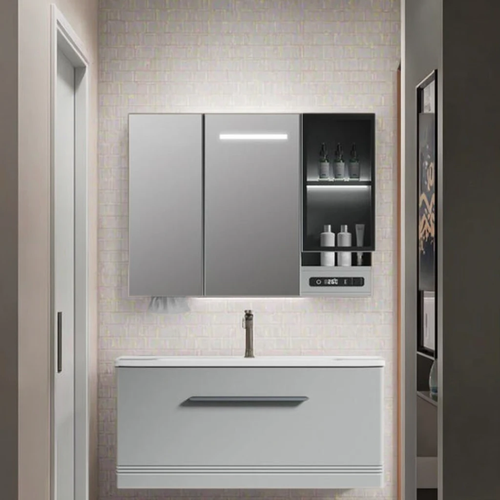 Modern Simple Design Floating Bathroom Vanity with LED Mirror Stainless Steel Wall Mount Bathroom Cabinet Set Ceramic Basin