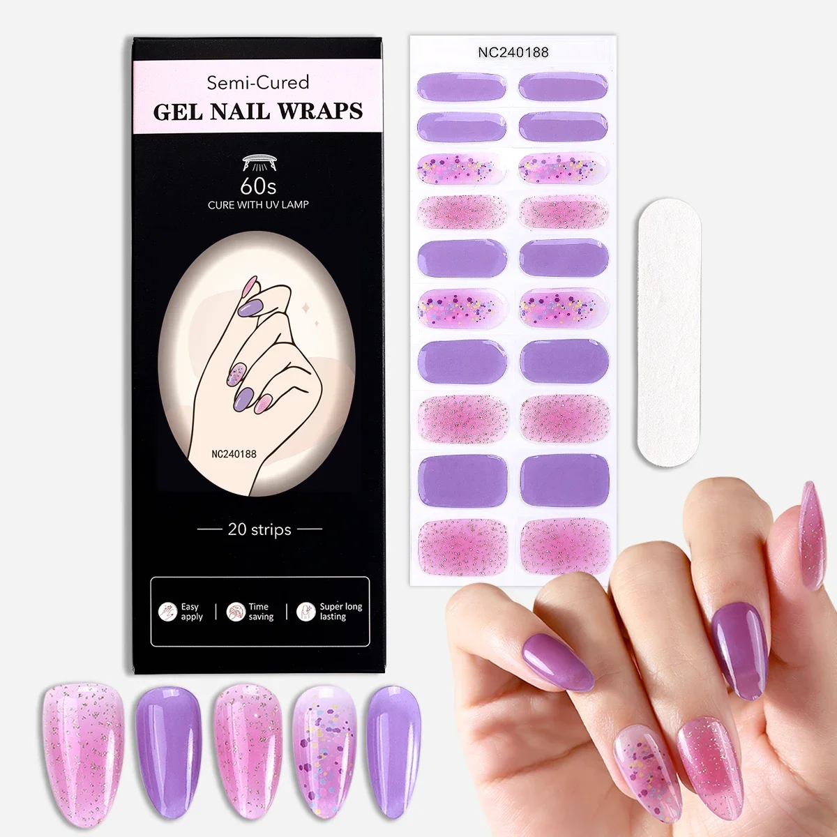 20 dicas rosa roxo semi curado tiras de gel de unhas glitter gradiente gel adesivos de unhas para mulheres auto-adesivo diy tira de manicure