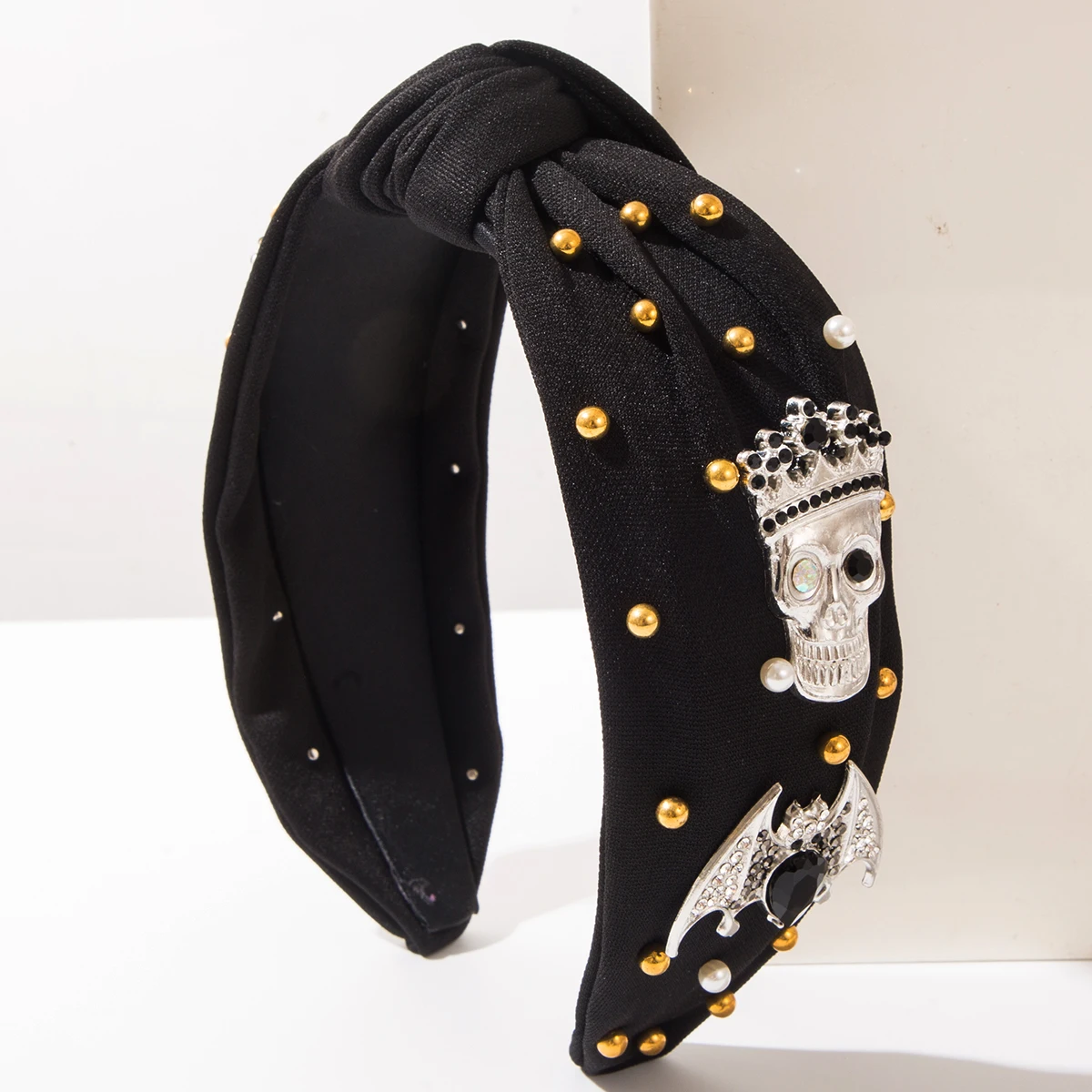 Halloween Element New Solid Color Nail Bead Skull Spider Alloy Accessory Wide Edge Knotted Headband