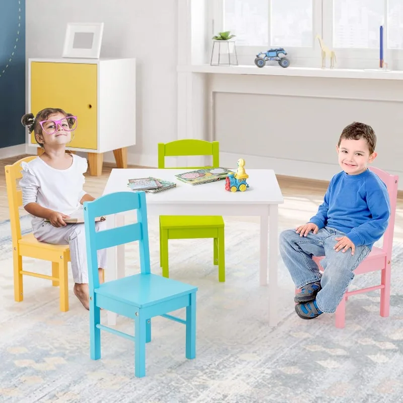 Kids Table and Chair Set, 5 Piece Wood Activity Table & Chairs for Children Arts, Crafts, Homework, Snack Time, Preschool