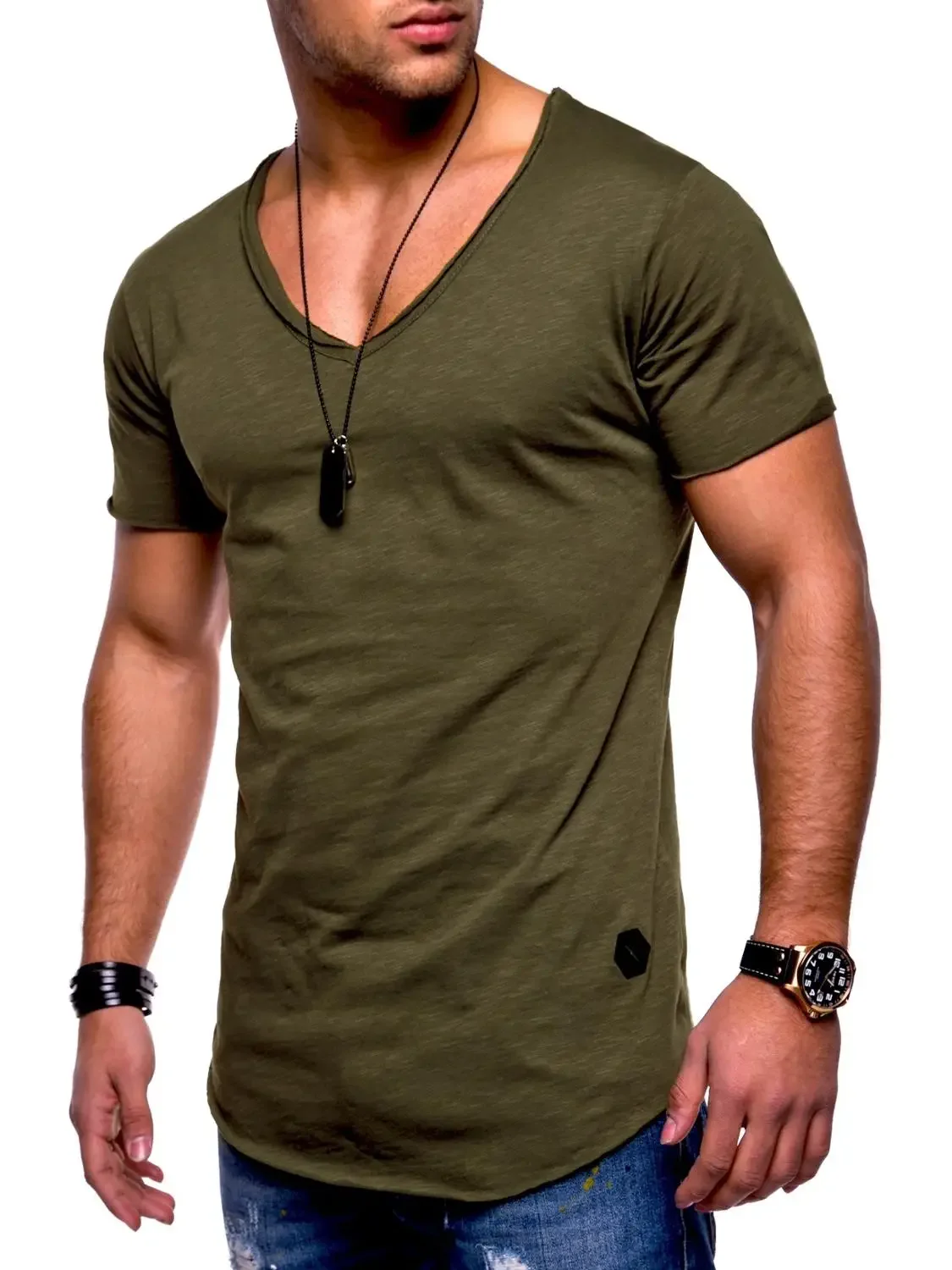 Men\'s T-shirt  Explosion Models Large Size V-neck Stretch Solid Color Short Sleeve Youth Base Shirt Factory Direct Vest