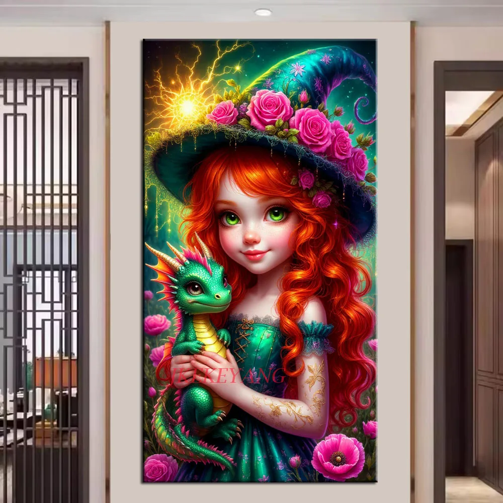 Pintura de Diamantes DIY, Linda Brujita y Dragón, Punto de Cruz, Mosaico de Diamantes, Nueva Colección, Decoración del Hogar
